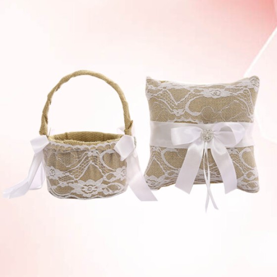 Linen Wedding Pillow Set with Bow